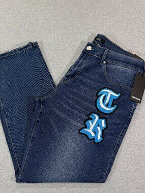 True Religion Bobby Applique Relaxed Baggy Jeans 34x32 Medium Blaze Wash NWT
